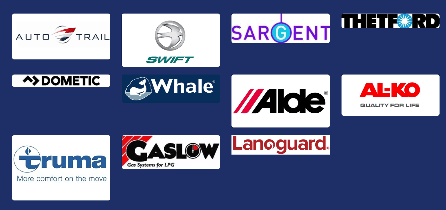 Logos for Auto-Trail, Swift, Sargent, Thetford, Dometic, Whale, Alde, AL-KO, Truma, Gaslow, Languard