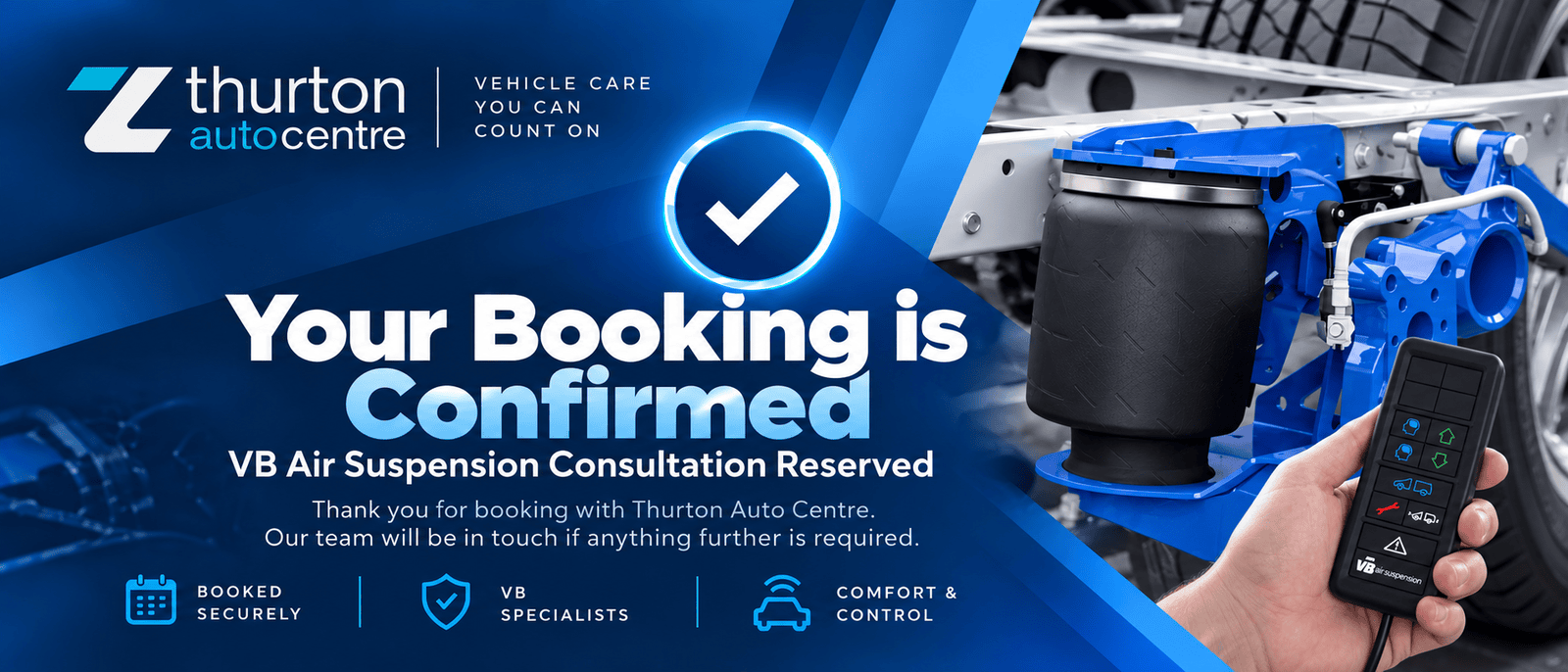 Thurton Auto Centre booking confirmation banner for a VB Air Suspension consultation